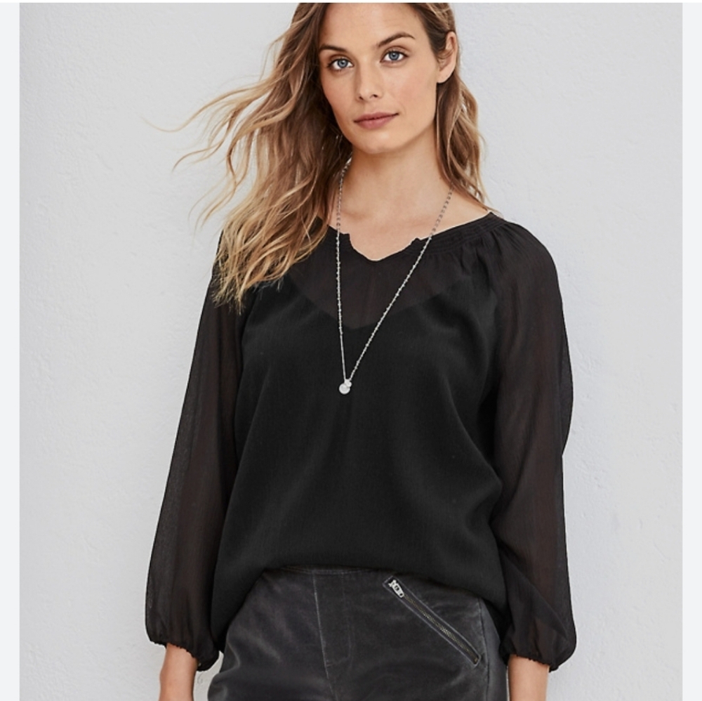 Garnet Hill Bohemian Bishop Sleeve Blouse Black Womens MediumSilk Peasant